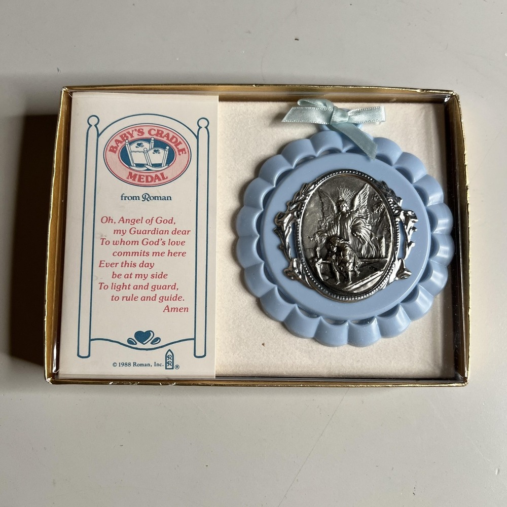 Vintage 1988 Roman Inc Baby Cradle Medal Guardian Angel Blue Religious Gift